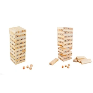 DREWNIANA WIEŻA JENGA – CHWIEJNA UKŁADANKA, 54 KLOCKI + 4 KOSTKI | DLA RODZINY